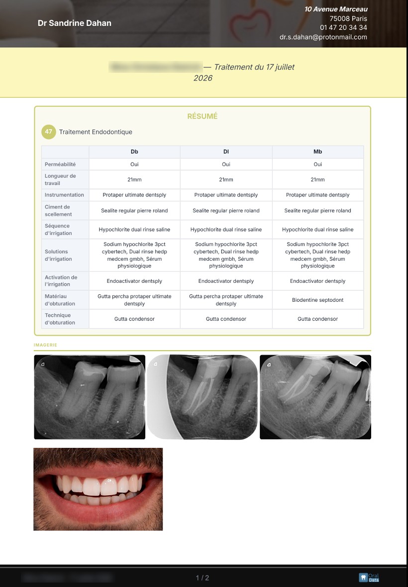 Exemple de compte rendu OralData : traitement endodontique de la dent 47, tableau canal par canal, radiographies et photo